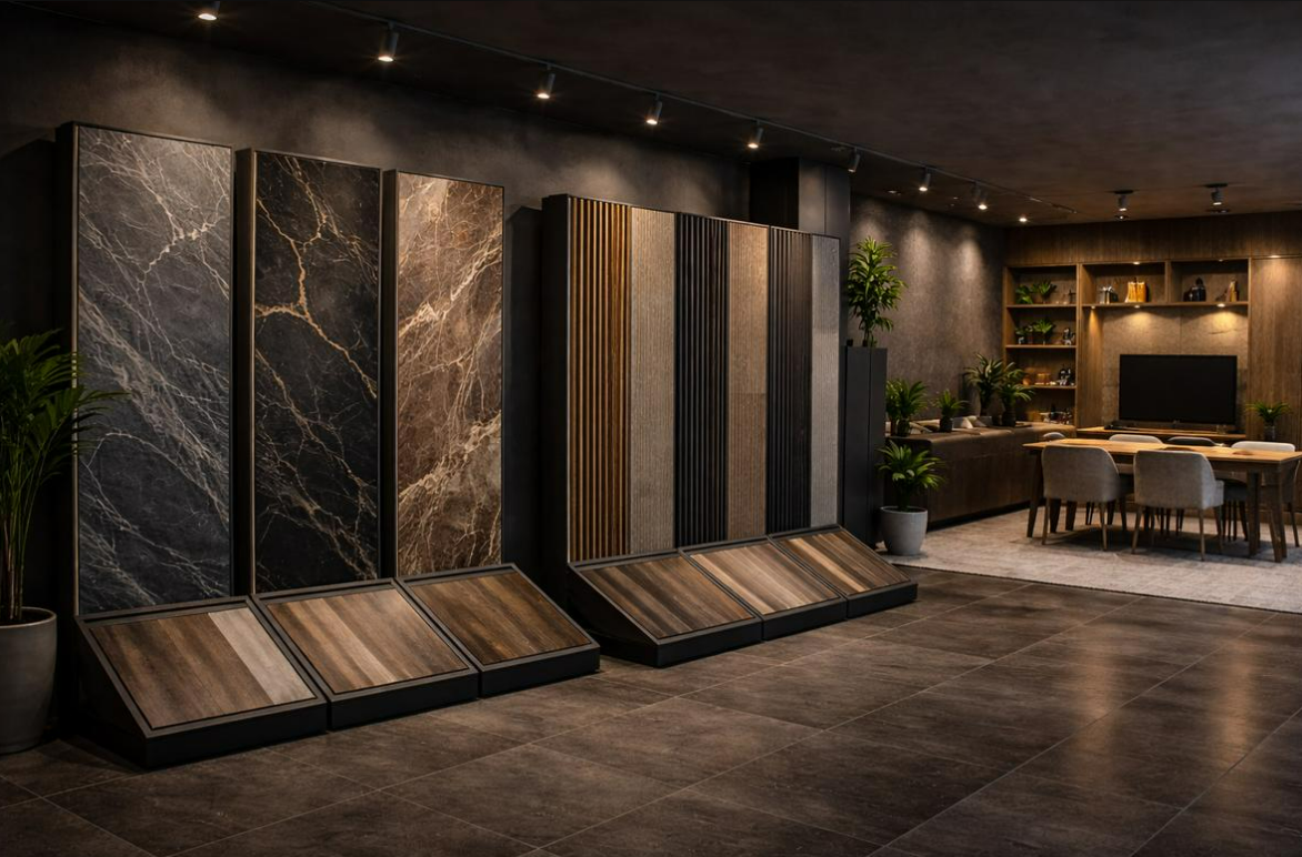 Espacio de exposición con distintos revestimientos decorativos